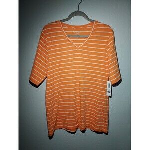 Chicos Short Sleeve Shirt Womens 3 XL Orange White Striped V Neck NEW